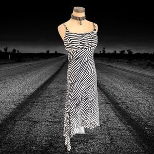 Vintage Y2K Black/White Striped Mesh Babydoll Asymmetric Bow Dress Beetlejuice M